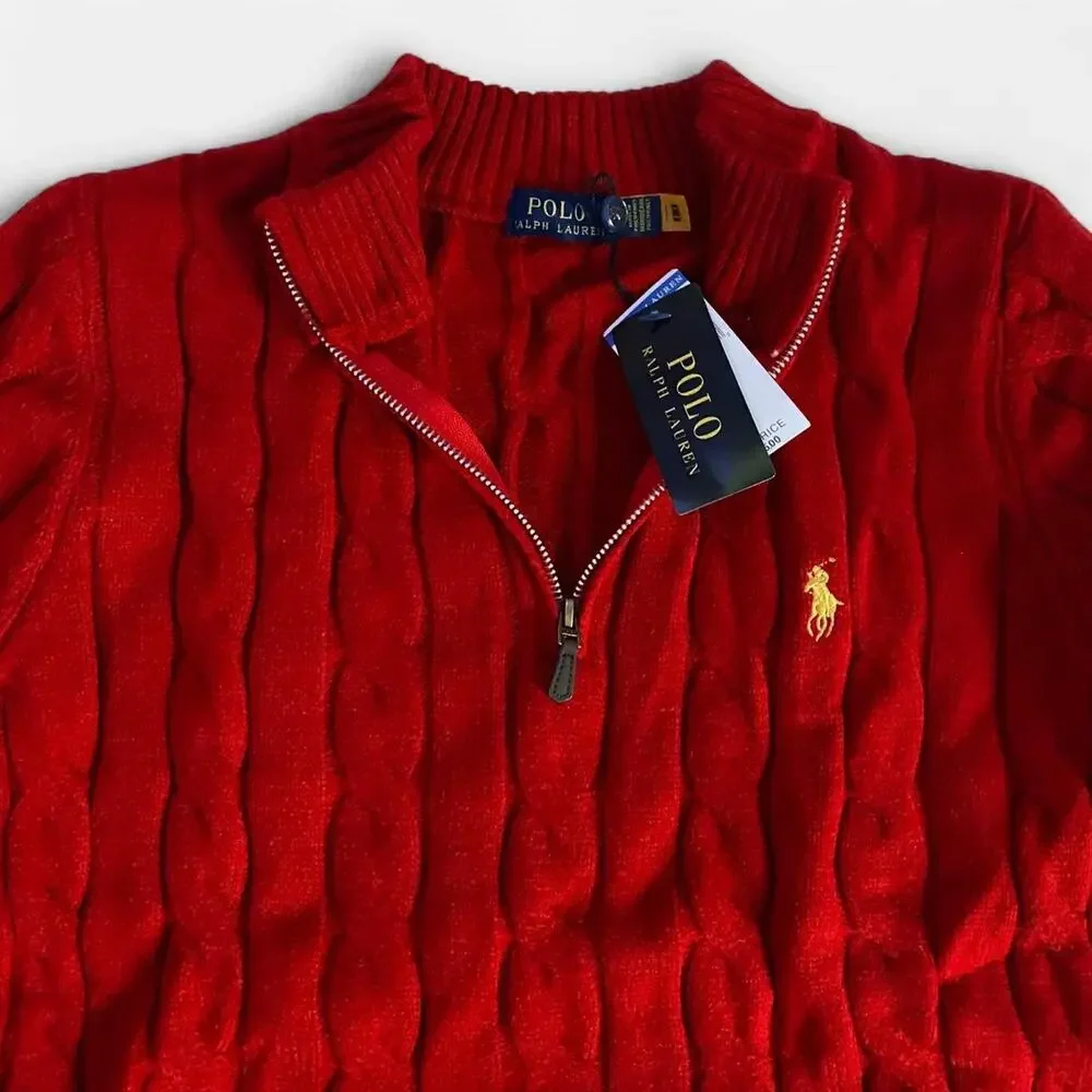 Polo Ralph Lauren red cable knit cotton quarter zip sweater